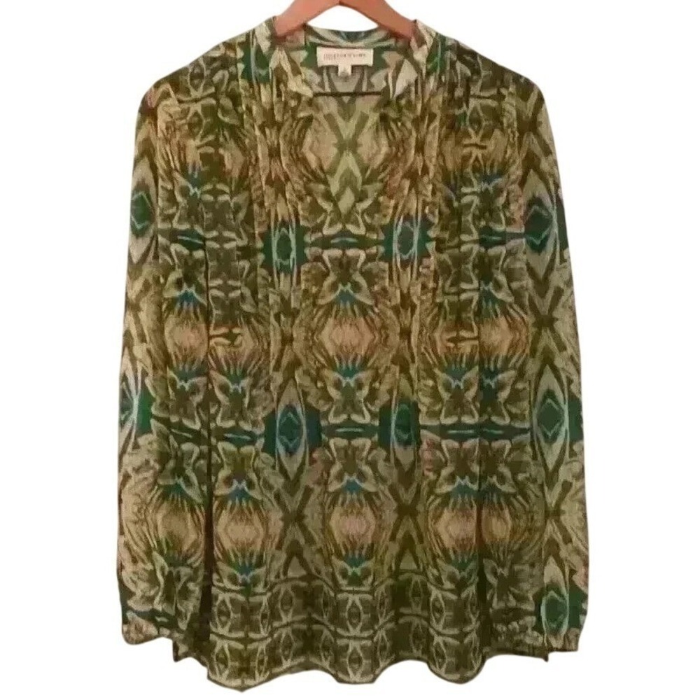 Jones New York Womens Pintuck Geometric Kaleidoscope Blouse Size M Green Multi